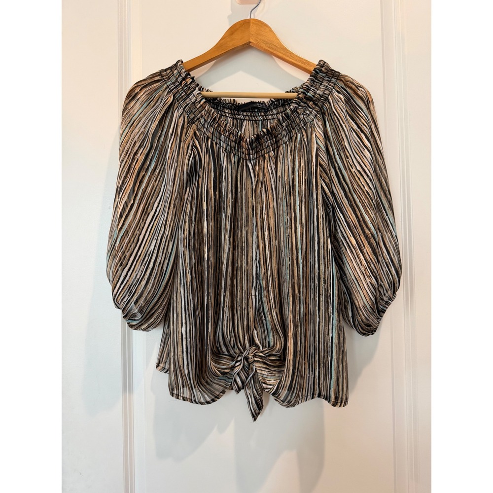 Ariella Striped Off Shoulder Tie Front Blouse Brown Teal Metallic Small T1021